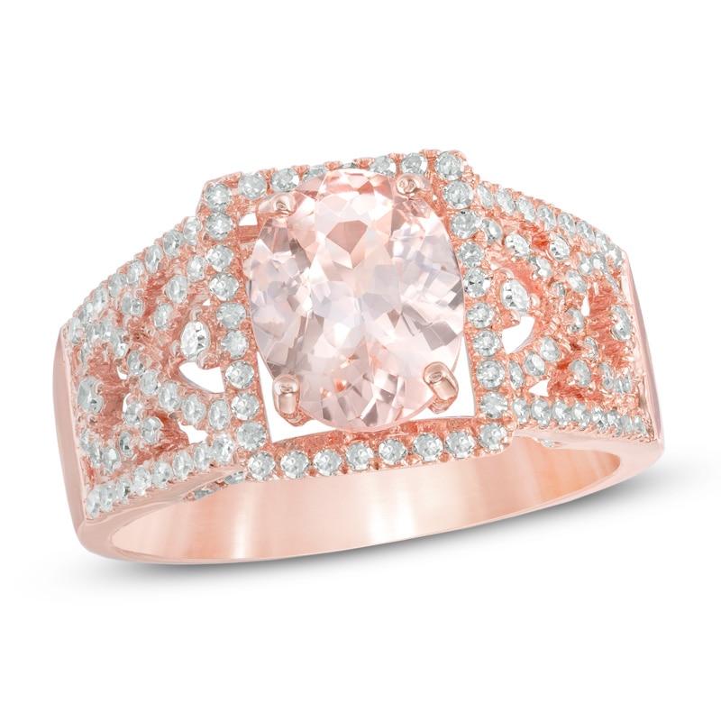 Oval Morganite and 1/2 CT. T.W. Diamond Square Frame Ring in 14K Rose Gold