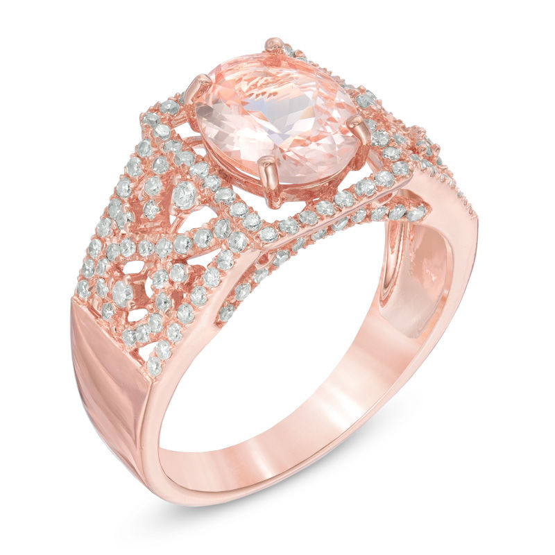 Oval Morganite and 1/2 CT. T.W. Diamond Square Frame Ring in 14K Rose Gold