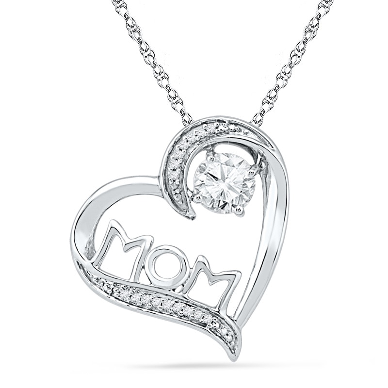 5.0mm Lab-Created White Sapphire and Diamond Accent "MOM" Tilted Heart Pendant in Sterling Silver