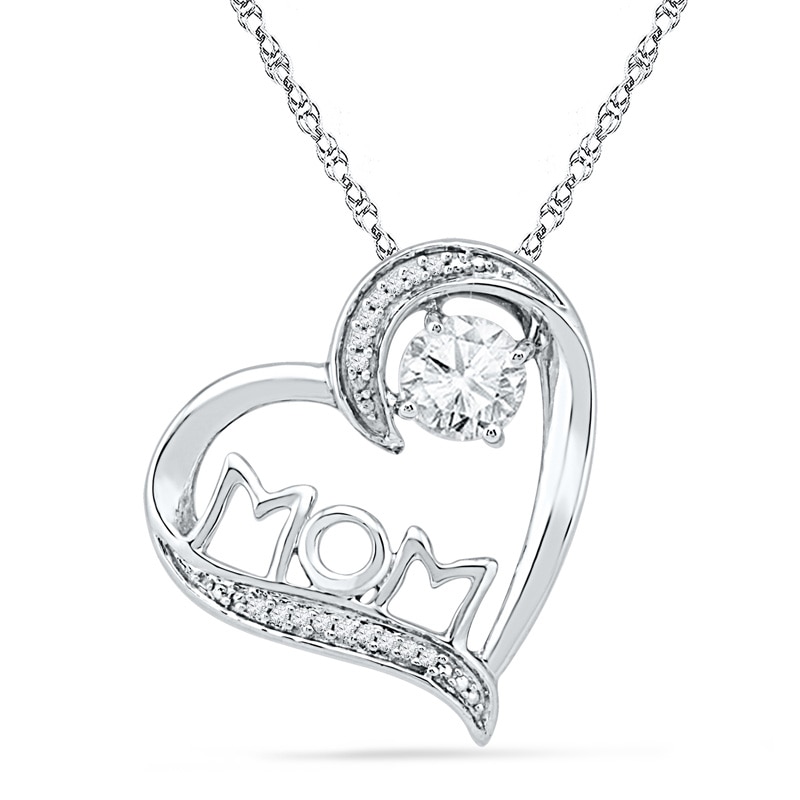 Main Image 1 of 5.0mm Lab-Created White Sapphire and Diamond Accent "MOM" Tilted Heart Pendant in Sterling Silver