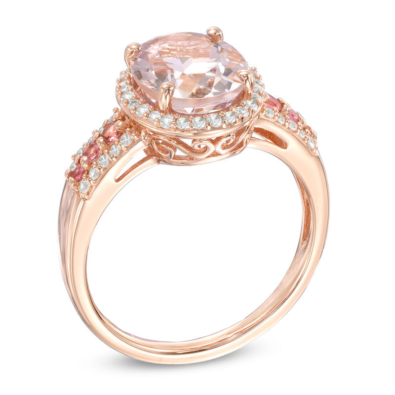 Main Image 2 of Oval Rose de France Amethyst, Pink Tourmaline and Lab-Created White Sapphire Frame Ring in 10K Rose Gold