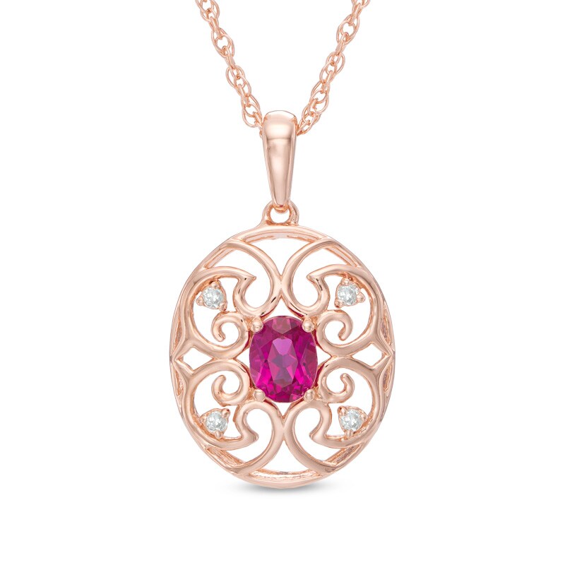 Main Image 1 of Oval Lab-Created Ruby and Diamond Accent Filigree Pendant in Sterling Silver with 14K Rose Gold Plate