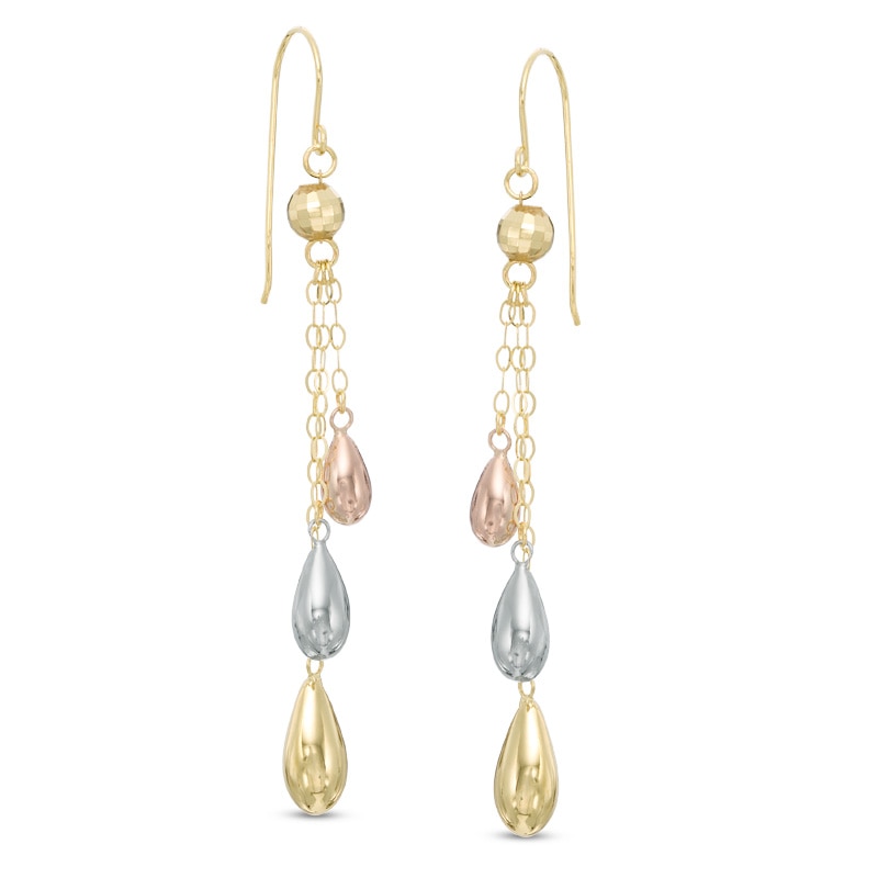 Main Image 1 of Diamond-Cut Triple Bead Drop Earrings in 10K Tri-Tone Gold