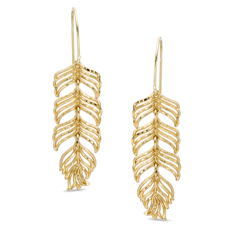 Main Image 1 of Diamond-Cut Feather Drop Earrings in 10K Gold