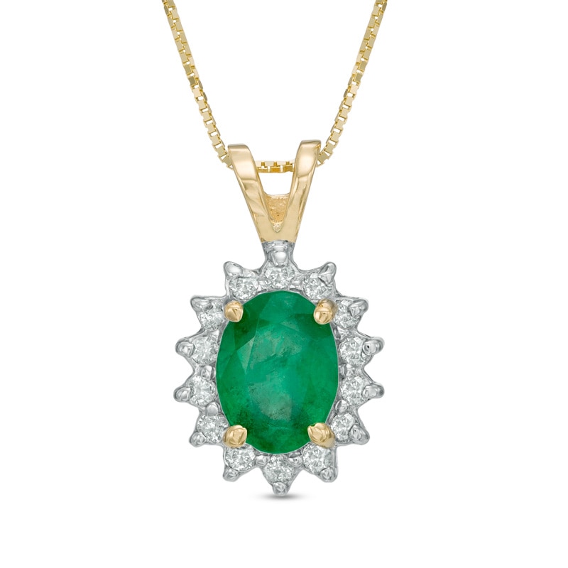 Main Image 1 of Oval Emerald and 1/5 CT. T.W. Diamond Frame Pendant in 14K Gold