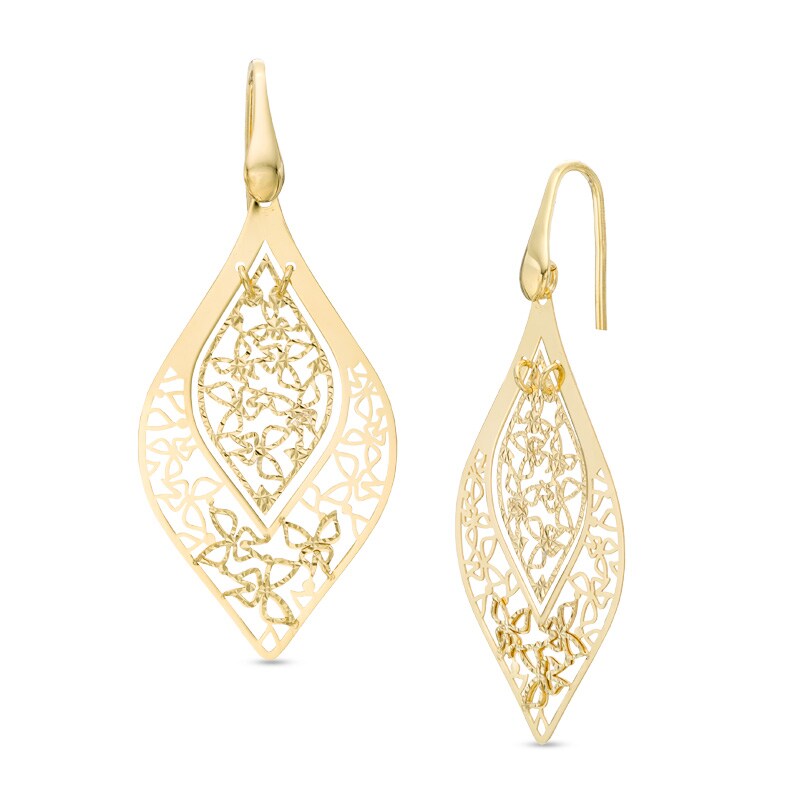 Butterfly Pattern Flame-Shaped Drop Earrings in 10K Gold