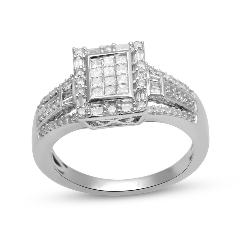 Main Image 1 of 1/2 CT. T.W. Multi-Diamond Rectangle Frame Split Shank Ring in 10K White Gold