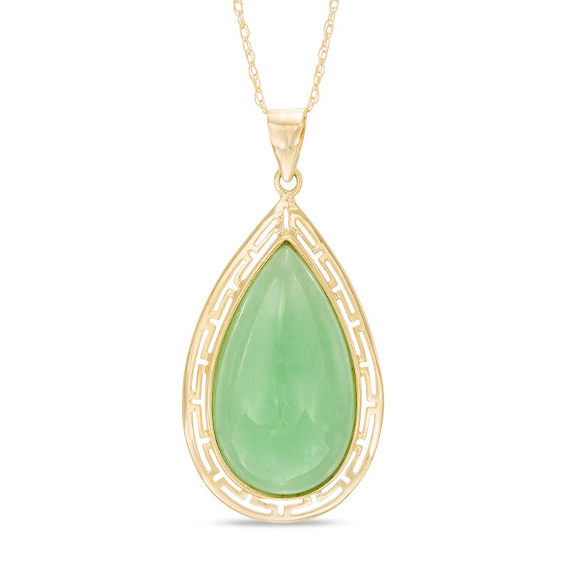 Main Image 1 of Pear-Shaped Dyed Green Jade Greek Key Frame Pendant in 10K Gold