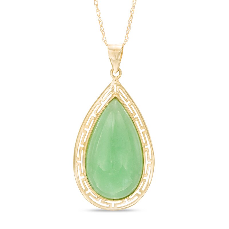 Pear-Shaped Dyed Green Jade Greek Key Frame Pendant in 10K Gold