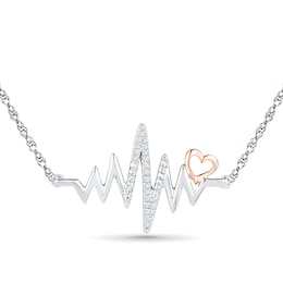 1/15 CT. T.W. Diamond Heartbeat with Heart Necklace in Sterling Silver and 10K Rose Gold