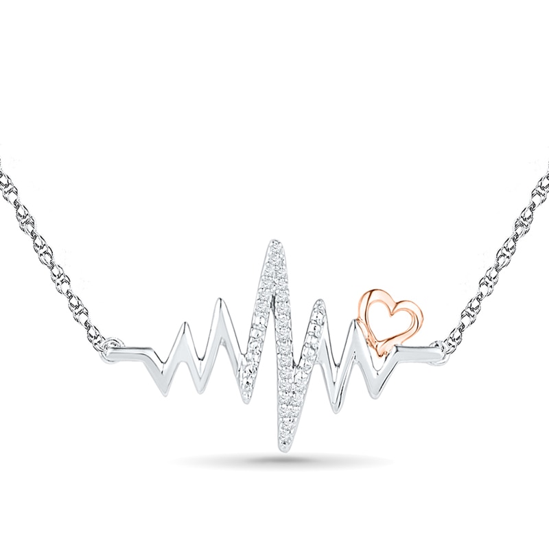 Main Image 1 of 1/15 CT. T.W. Diamond Heartbeat with Heart Necklace in Sterling Silver and 10K Rose Gold