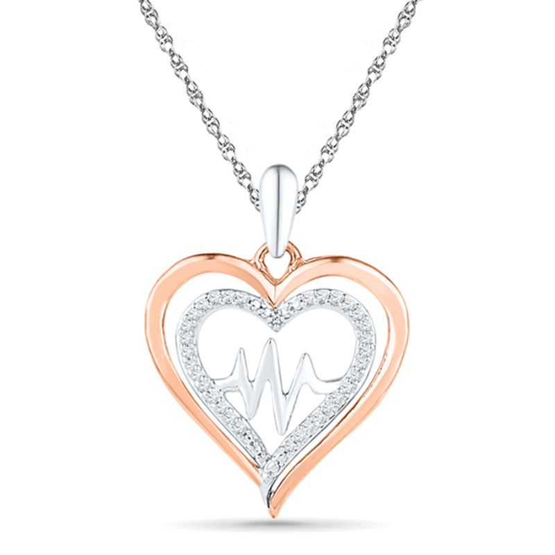 1/8 CT. T.W. Diamond Double Heart with Heartbeat Pendant in Sterling Silver and 10K Rose Gold