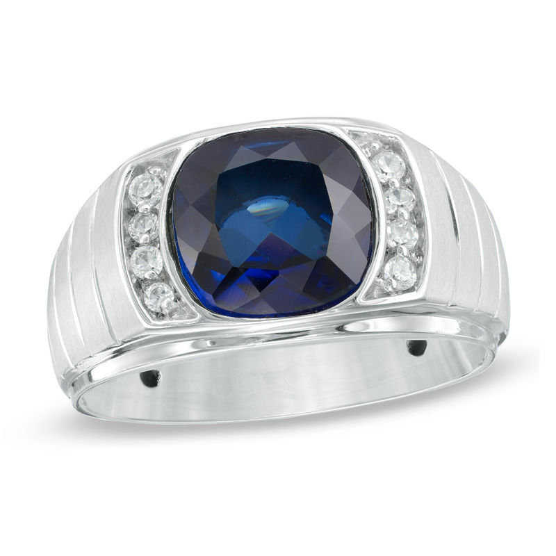 Main Image 1 of 10.0mm Cushion-Cut Lab-Created Blue Sapphire and 1/6 CT. T.W. Diamond Ring in Sterling Silver