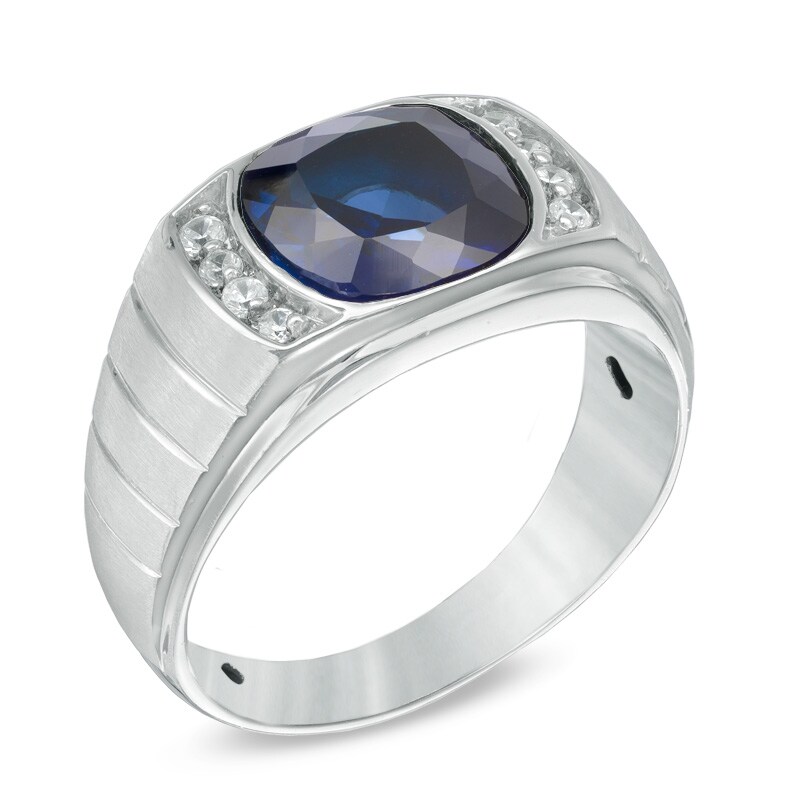 Main Image 2 of 10.0mm Cushion-Cut Lab-Created Blue Sapphire and 1/6 CT. T.W. Diamond Ring in Sterling Silver