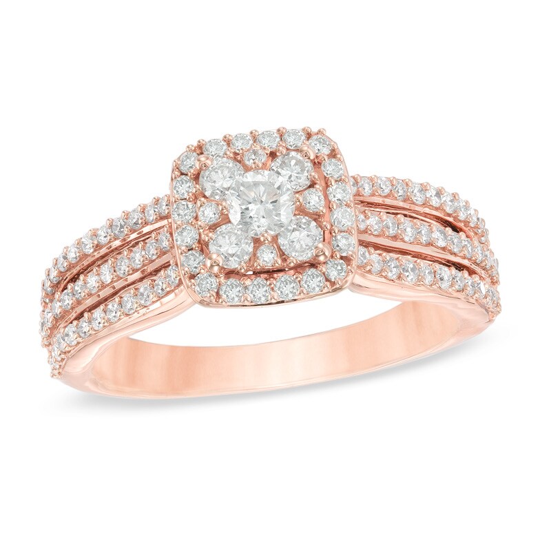 Main Image 1 of 7/8 CT. T.W. Diamond Frame Cluster Triple Shank Ring in 14K Rose Gold