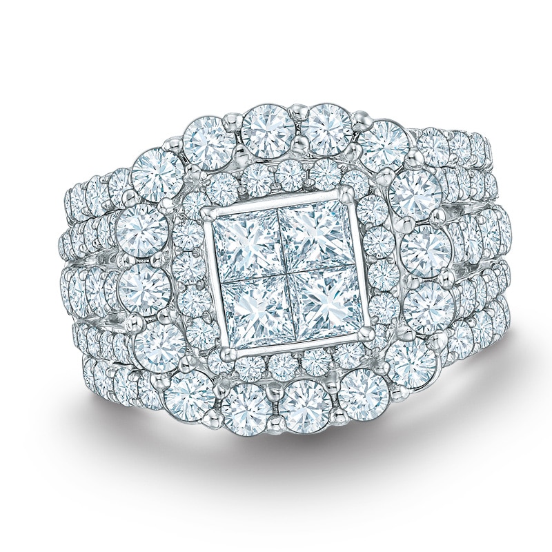 Main Image 1 of 2-1/2 CT. T.W. Quad Princess-Cut Diamond Double Frame Three Piece Bridal Set in 14K White Gold