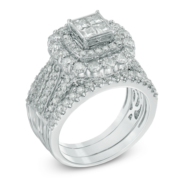 Main Image 2 of 2-1/2 CT. T.W. Quad Princess-Cut Diamond Double Frame Three Piece Bridal Set in 14K White Gold