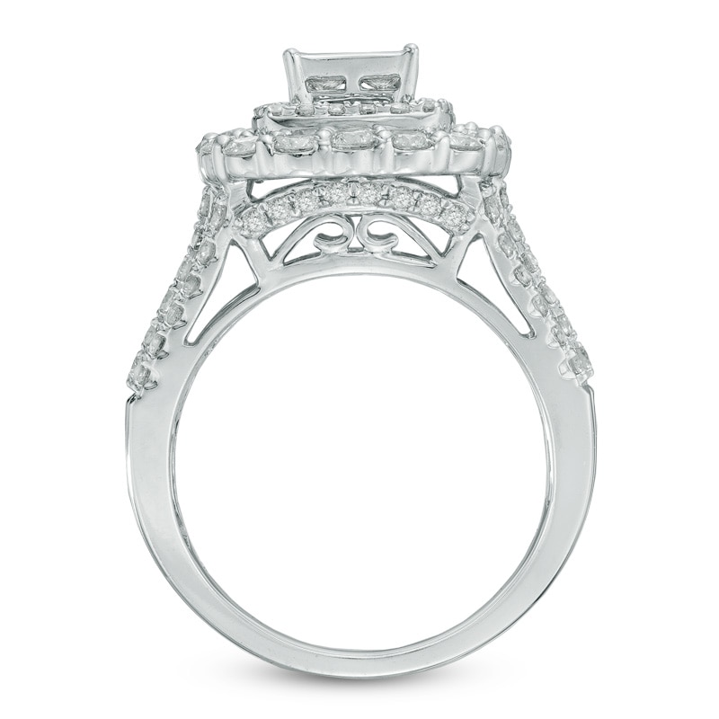 Main Image 3 of 2-1/2 CT. T.W. Quad Princess-Cut Diamond Double Frame Three Piece Bridal Set in 14K White Gold