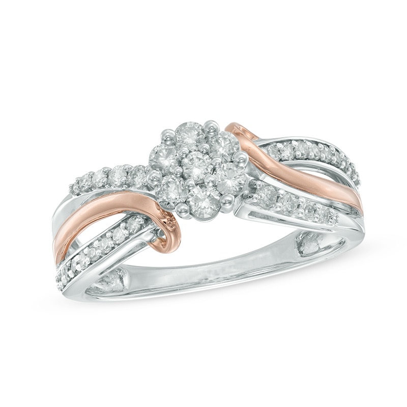 Main Image 1 of 1/2 CT. T.W. Diamond Flower Cluster Split Shank Ring in 10K Two-Tone Gold