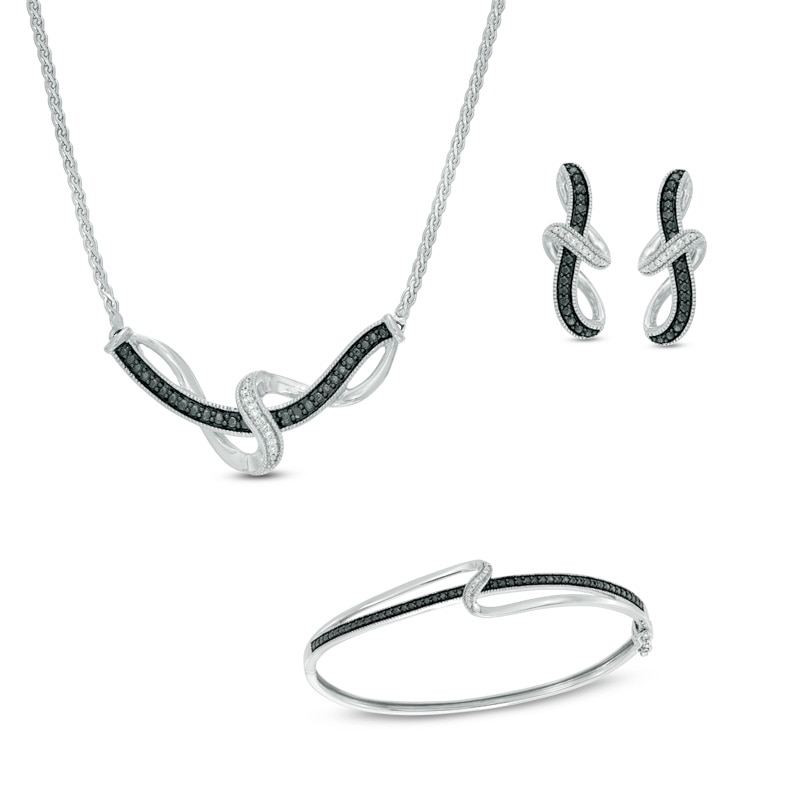 1/10 CT. T.W. Enhanced Black and White Diamond Swirl Bangle, Necklace and Earrings Set in Sterling Silver