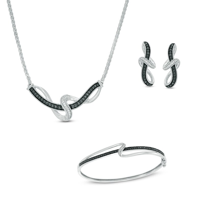 Main Image 1 of 1/10 CT. T.W. Enhanced Black and White Diamond Swirl Bangle, Necklace and Earrings Set in Sterling Silver