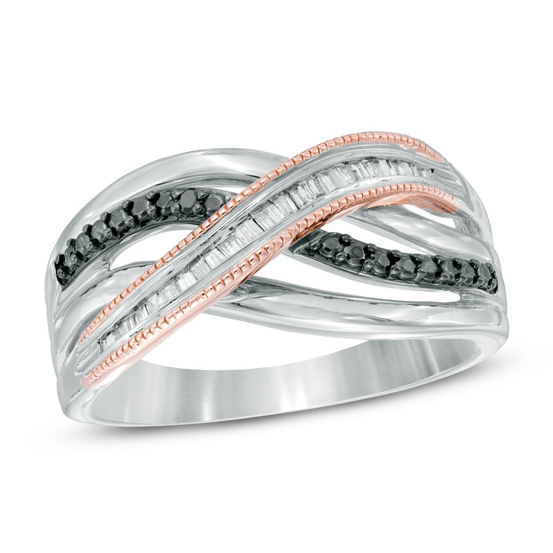 Main Image 1 of 1/6 CT. T.W. Enhanced Black and White Diamond Multi-Row Crossover Ring in Sterling Silver and 10K Rose Gold