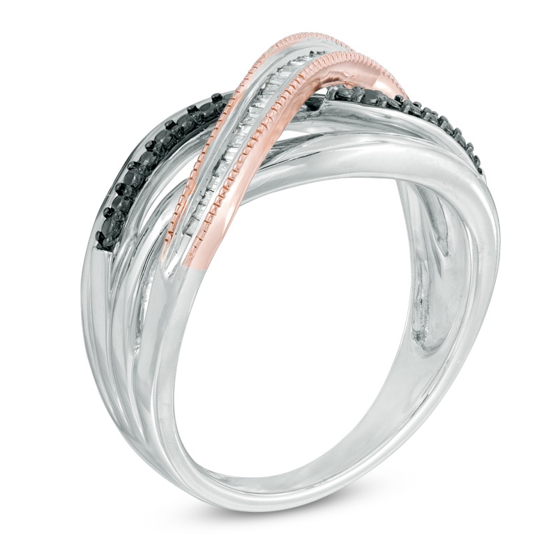 Main Image 2 of 1/6 CT. T.W. Enhanced Black and White Diamond Multi-Row Crossover Ring in Sterling Silver and 10K Rose Gold