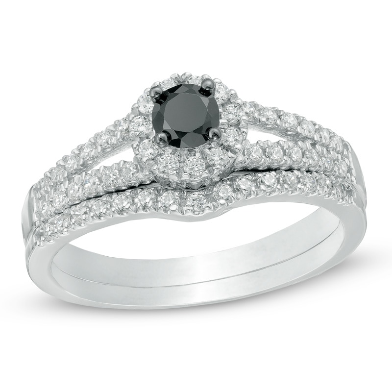Main Image 1 of 1/2 CT. T.W. Enhanced Black and White Diamond Split Shank Bridal Set in 10K White Gold