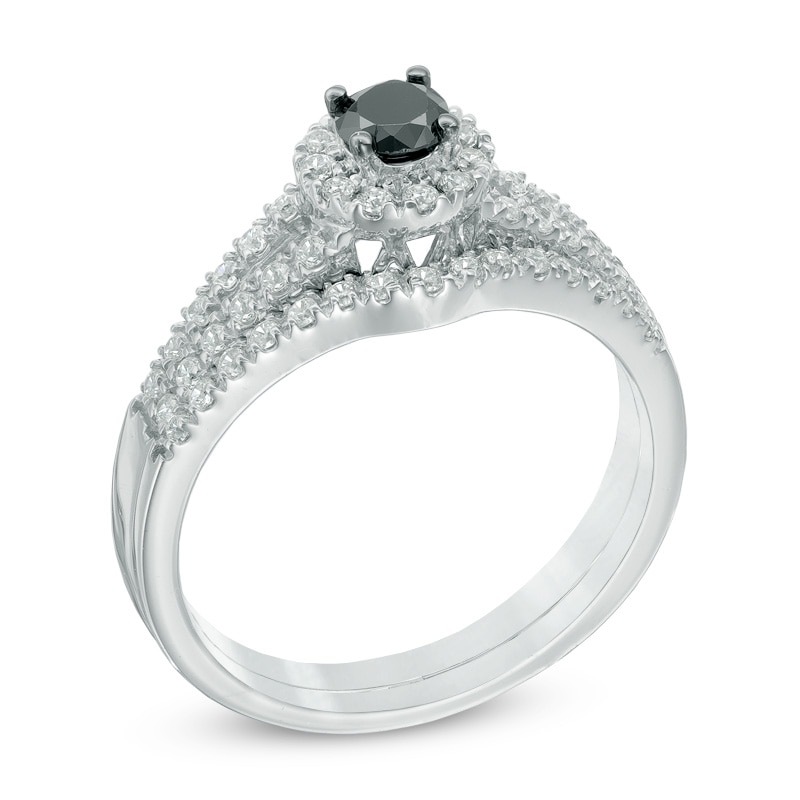 Main Image 2 of 1/2 CT. T.W. Enhanced Black and White Diamond Split Shank Bridal Set in 10K White Gold