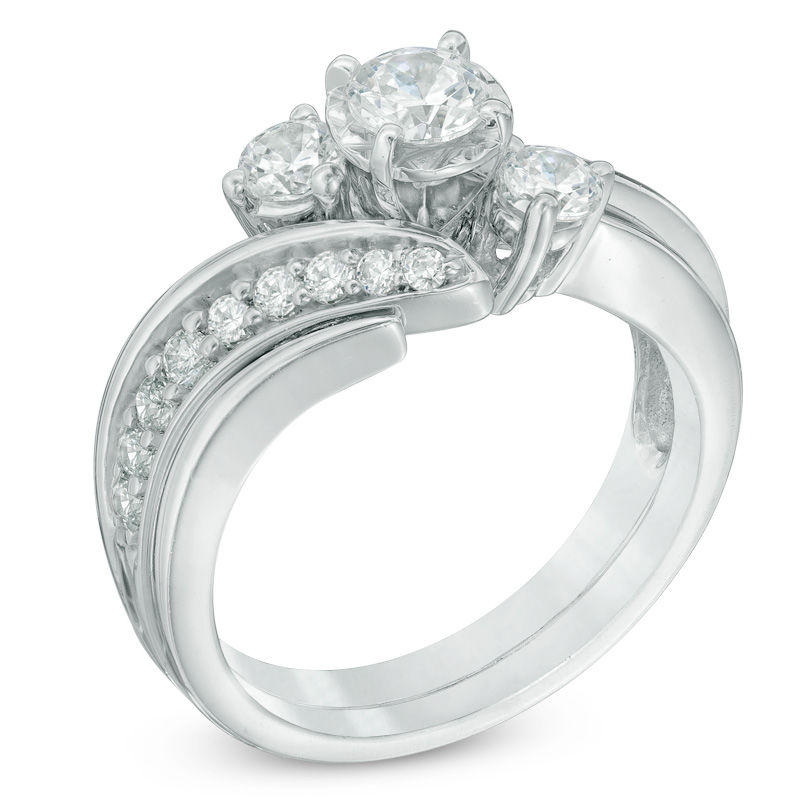 1 CT. T.W. Diamond Three Stone Slant Bridal Set in 14K White Gold