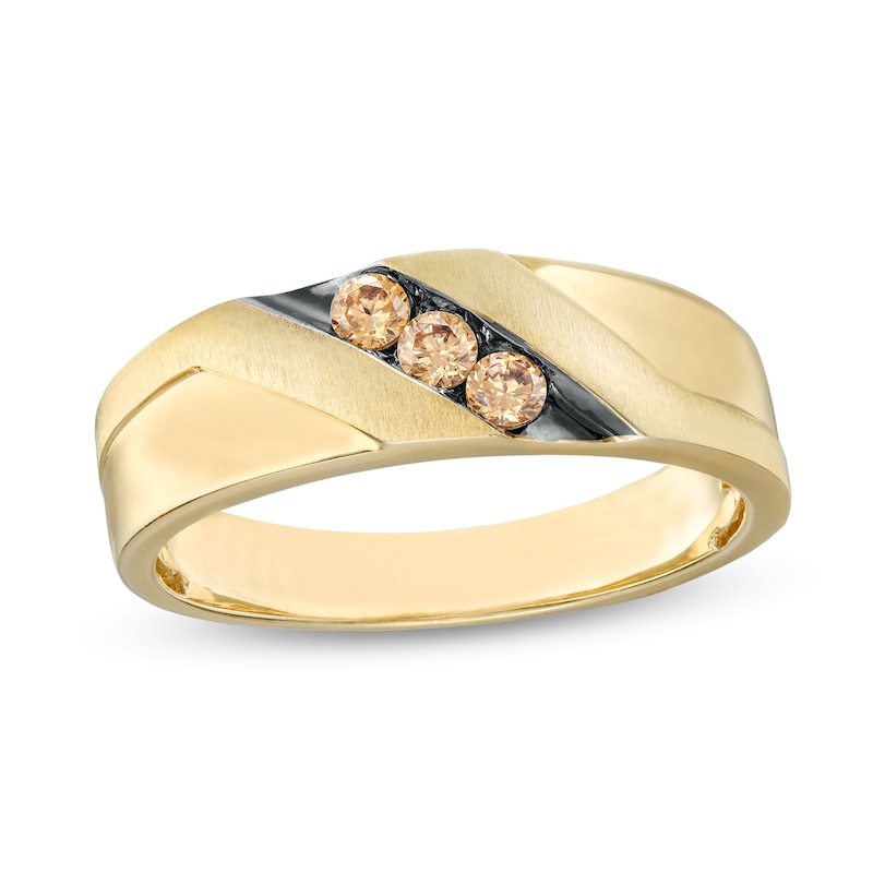 Main Image 1 of Men's 1/5 CT. T.W. Champagne Diamond Three Stone Wedding Band in 10K Gold with Black Rhodium
