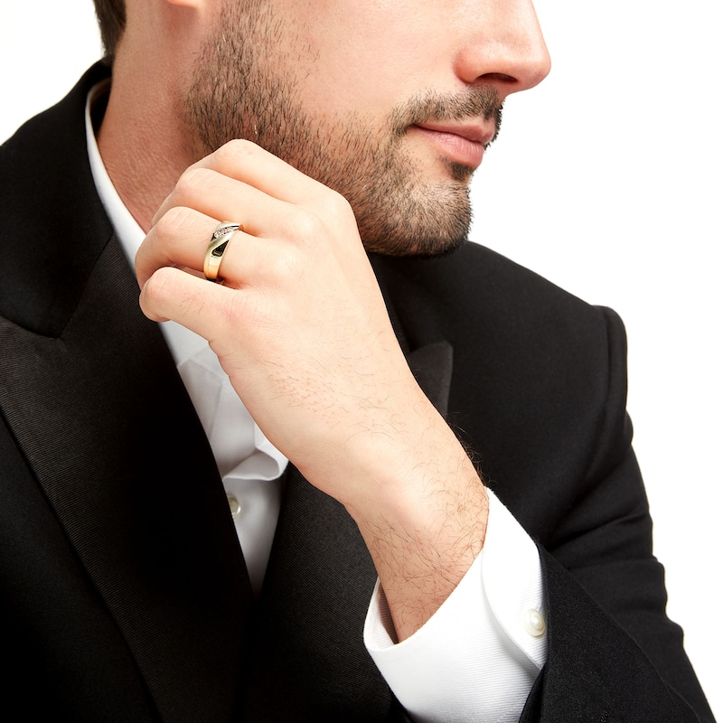 Main Image 2 of Men's 1/5 CT. T.W. Champagne Diamond Three Stone Wedding Band in 10K Gold with Black Rhodium