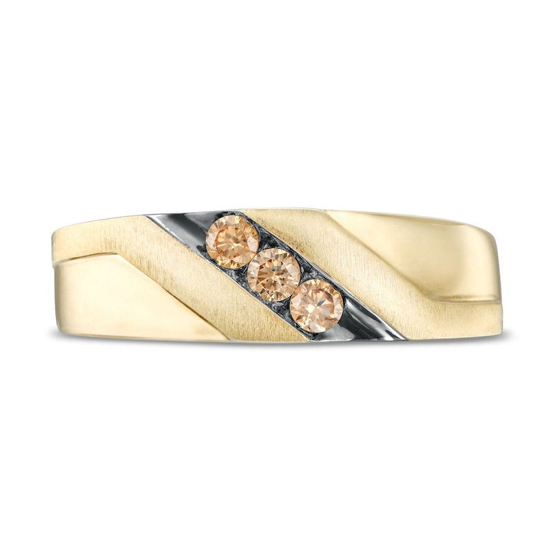 Main Image 3 of Men's 1/5 CT. T.W. Champagne Diamond Three Stone Wedding Band in 10K Gold with Black Rhodium