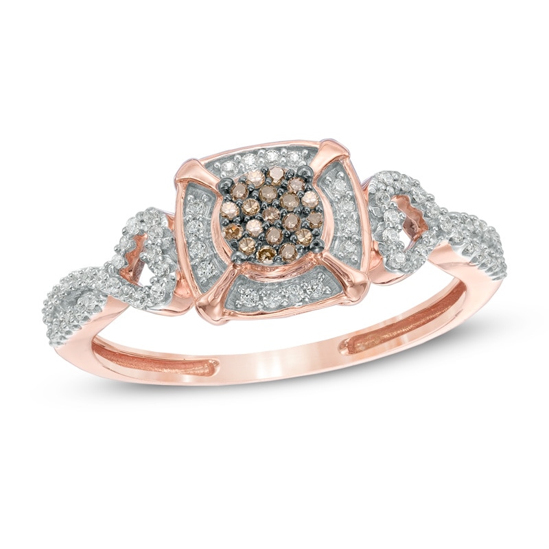Main Image 1 of 1/5 CT. T.W. Composite Champagne and White Diamond Frame Promise Ring in 10K Rose Gold