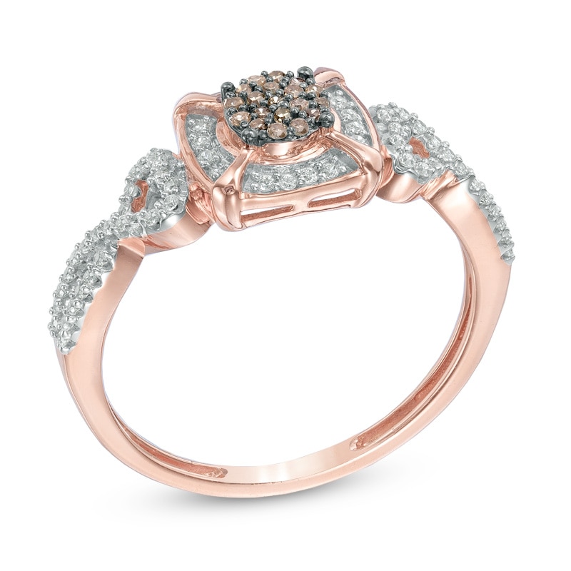 Main Image 2 of 1/5 CT. T.W. Composite Champagne and White Diamond Frame Promise Ring in 10K Rose Gold