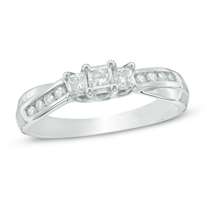 1/2 CT. T.W. Princess-Cut Diamond Past Present Future® Engagement Ring in 10K White Gold