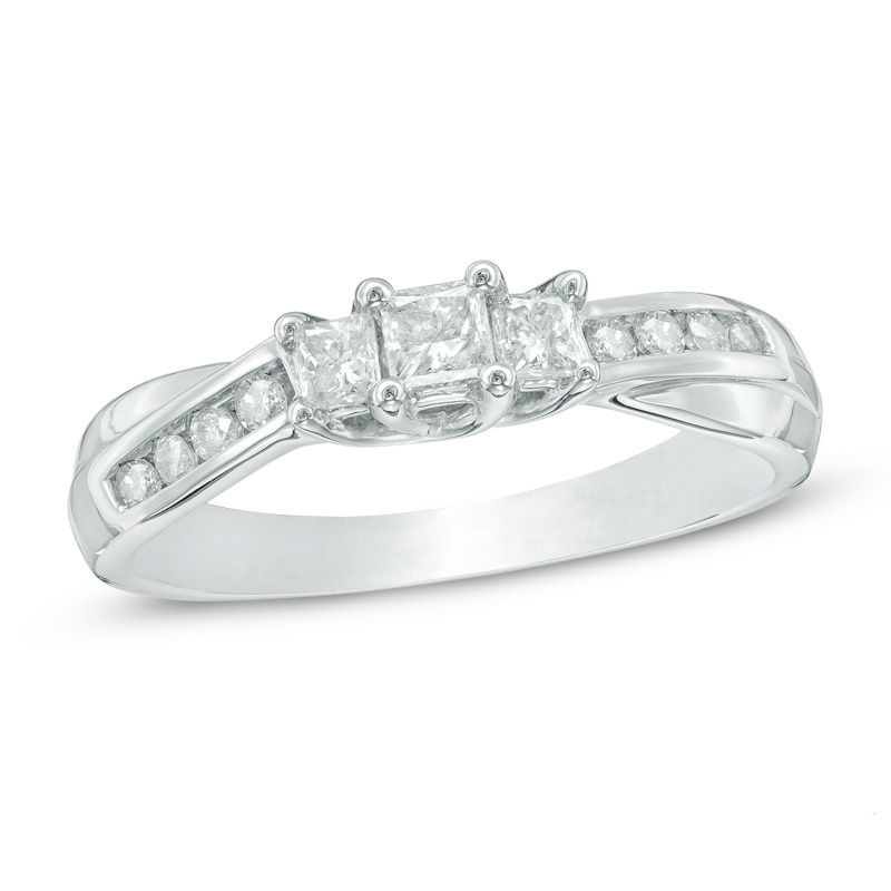 Main Image 1 of 1/2 CT. T.W. Princess-Cut Diamond Past Present Future® Engagement Ring in 10K White Gold