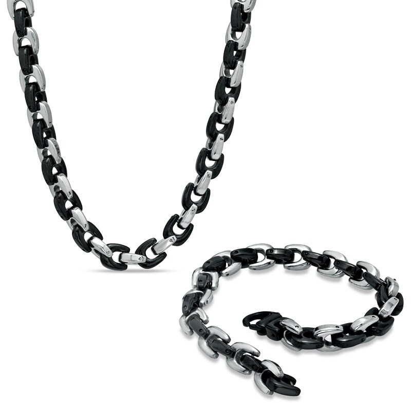 Main Image 1 of Black IP Stainless Steel Chain Necklace and Bracelet Set - 24"