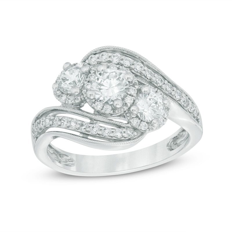 1 CT. T.W. Certified Canadian Diamond Three Stone Slant Engagement Ring in 14K White Gold (I/I2)
