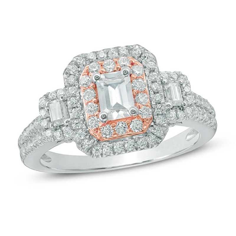 Main Image 1 of 1 CT. T.W. Emerald-Cut DiamondPast Present Future® Octagonal Frame Engagement Ring in 14K Two-Tone Gold