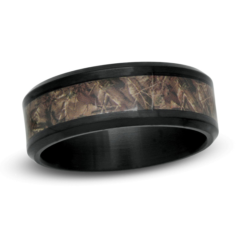 Men's 8.0mm Black Stainless Steel Dark Camouflage Inlay Comfort Fit Wedding Band