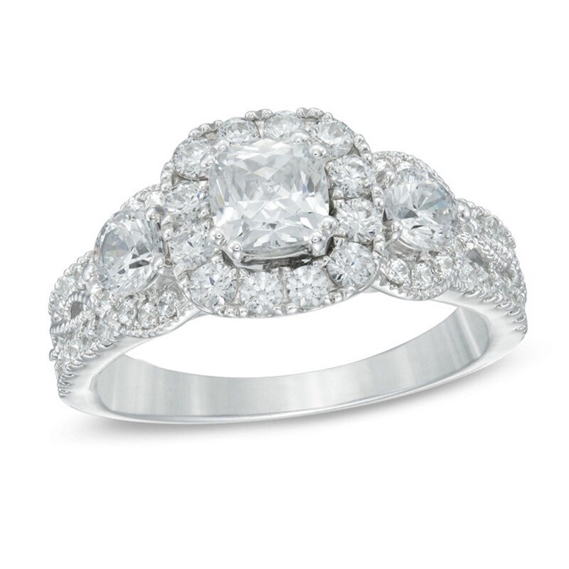 Celebration Ideal 1-1/2 CT. T.W. Diamond Frame Three Stone Vintage-Style Engagement Ring in 14K White Gold (I/I1)