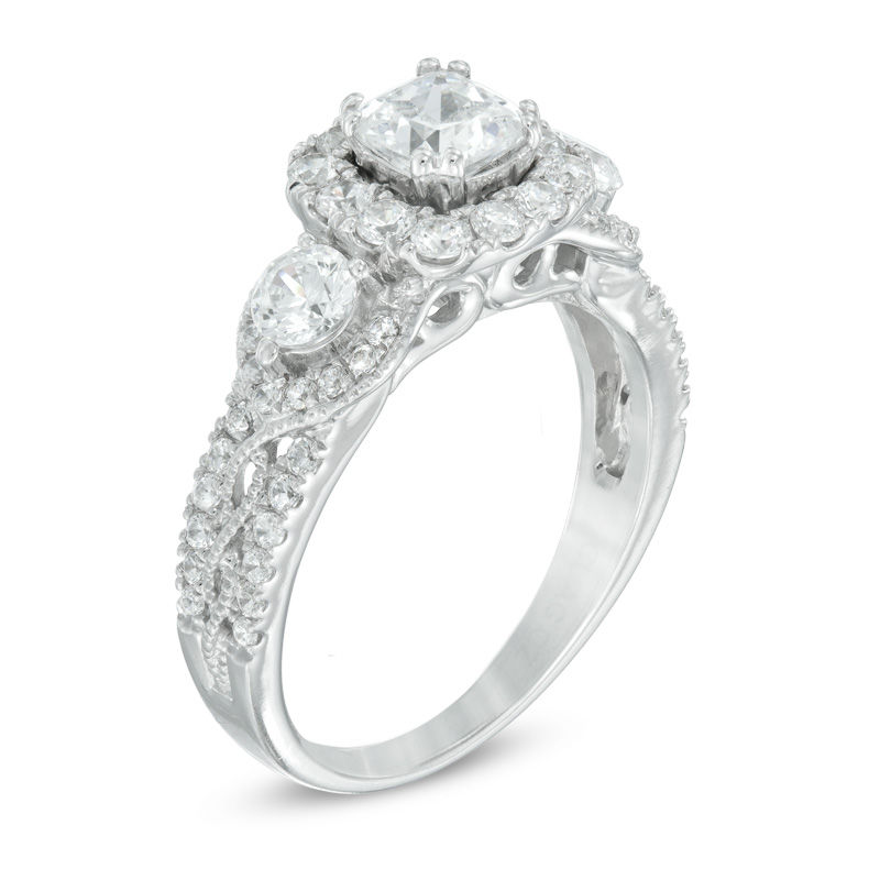 Celebration Ideal 1-1/2 CT. T.W. Diamond Frame Three Stone Vintage-Style Engagement Ring in 14K White Gold (I/I1)