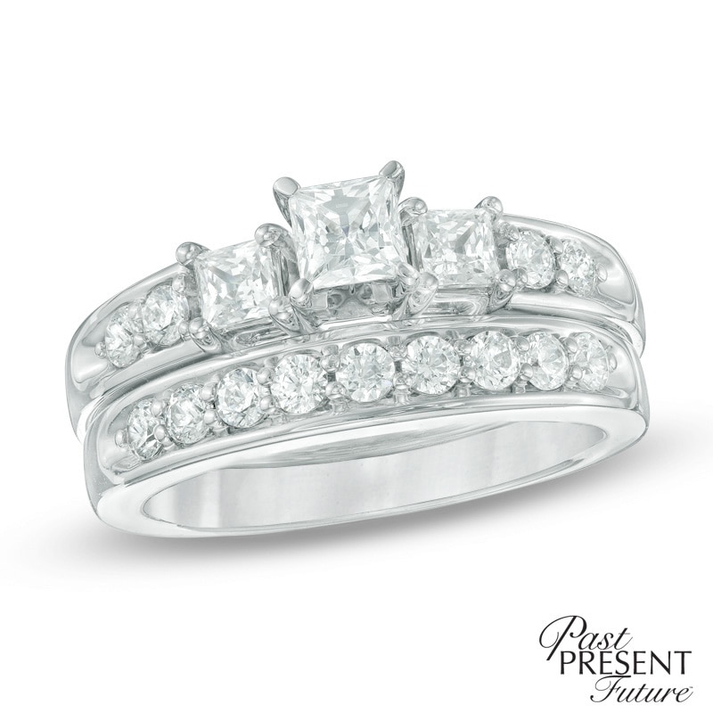 1-1/3 CT. T.W. Princess-Cut Diamond Past Present Future® Bridal Set in 14K White Gold