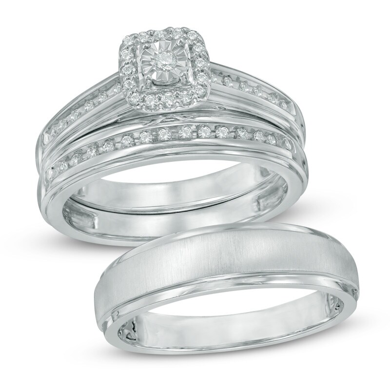 Main Image 1 of 1/5 CT. T.W. Diamond Square Frame Cluster Trio Wedding Ensemble in 10K White Gold