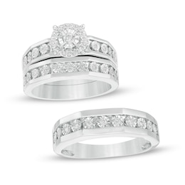 1/3 CT. T.W. Diamond Frame Trio Wedding Ensemble in 10K White Gold - Size 7 and 10