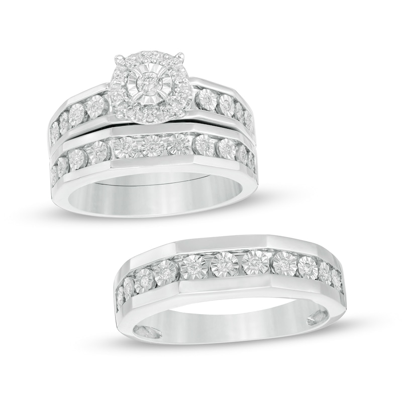 Main Image 1 of 1/3 CT. T.W. Diamond Frame Trio Wedding Ensemble in 10K White Gold - Size 7 and 10