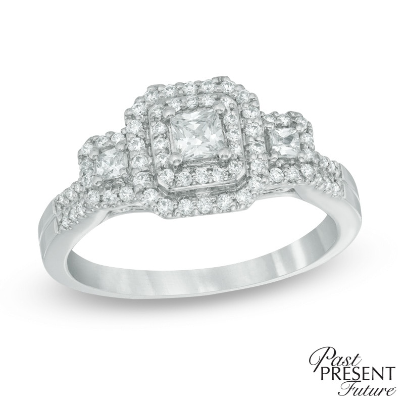 1/2 CT. T.W. Princess-Cut Diamond Past Present Future®Frame Engagement Ring in 14K White Gold