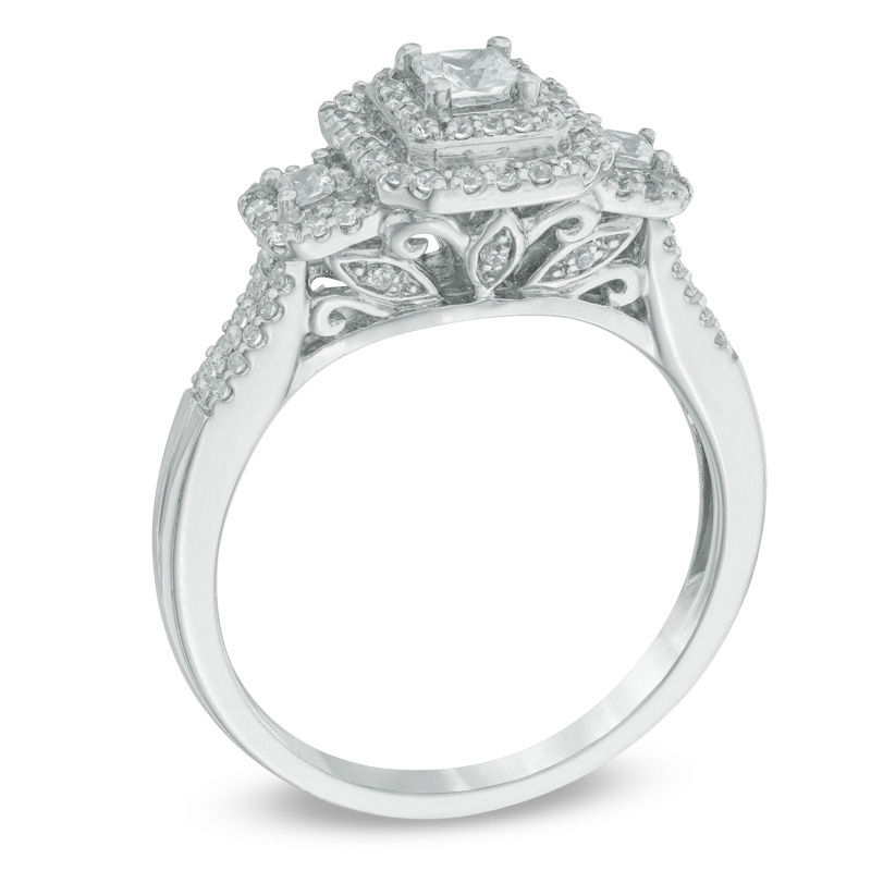 1/2 CT. T.W. Princess-Cut Diamond Past Present Future®Frame Engagement Ring in 14K White Gold