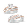 Thumbnail Image 0 of 1/6 CT. T.W. Diamond Square Frame Slant Trio Wedding Ensemble in Sterling Silver and 10K Rose Gold